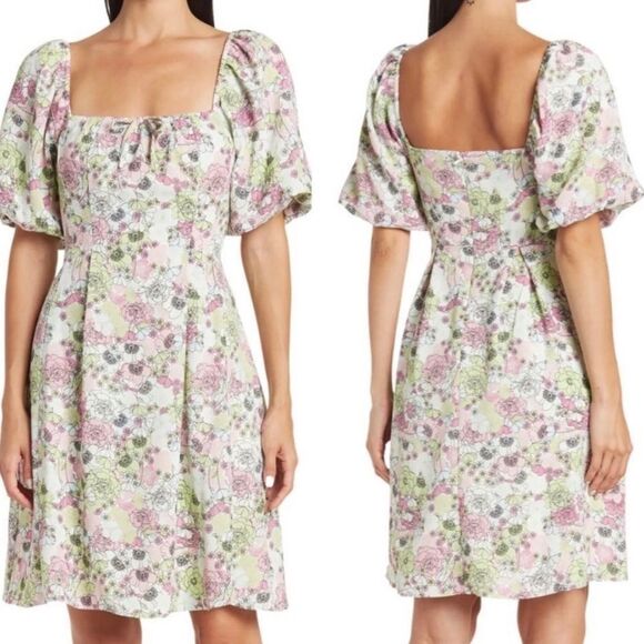 BCBGeneration Floral off shoulder Puff sleeves white & pink mini dress size 6 - Picture 1 of 13